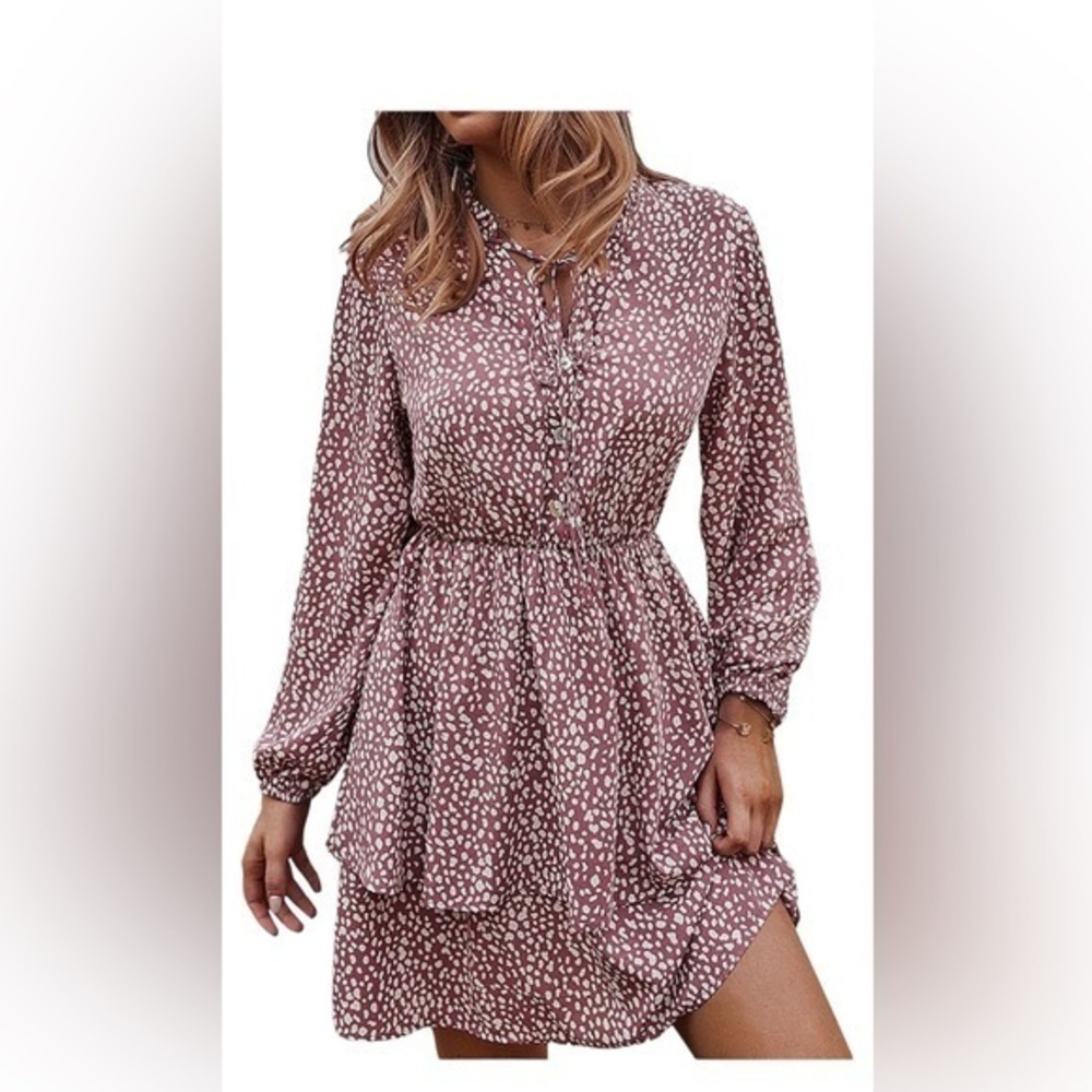 Women’s Long Sleeve Tie Neck Leopard Print Dress, Small, Ruffle, BLUE